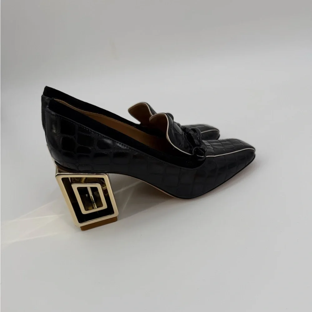 Tory Burch Jessa Black Croc Texture Square Toe Loafers Gold Architectural Heel